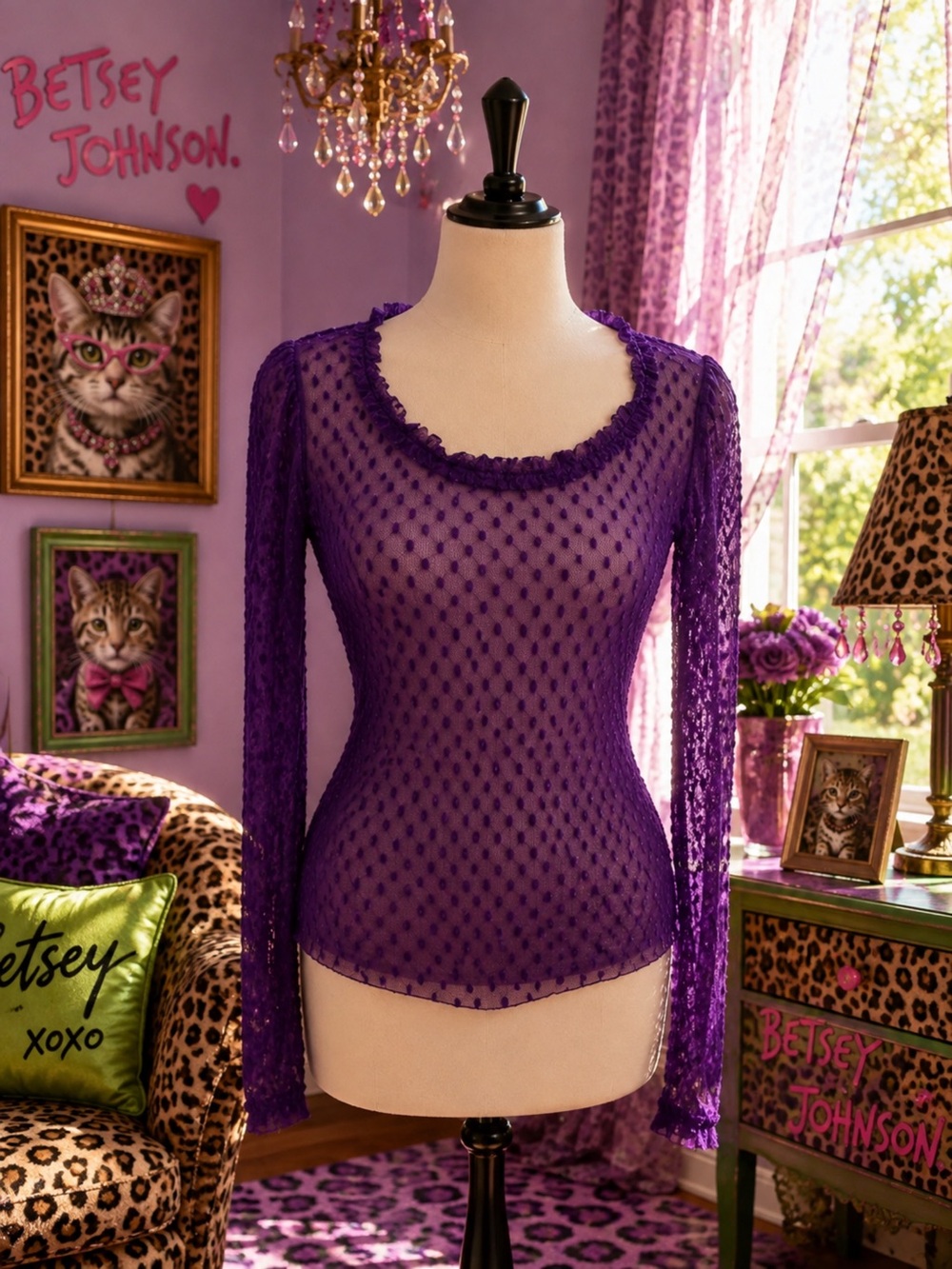 Betsey Johnson Purple Sheer Dot Lace Long Sleeve Bandeau Top